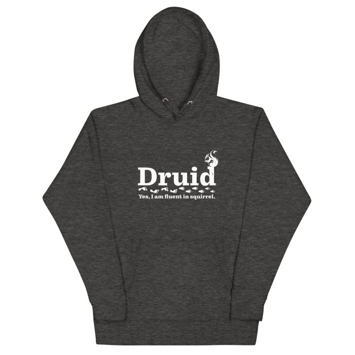 druid hoodie, flat lay - charcoal heather