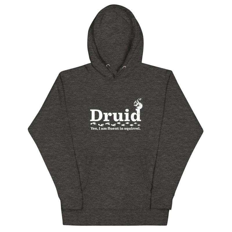 druid hoodie, flat lay - charcoal heather