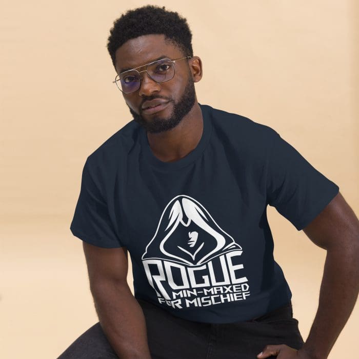 unisex-classic-tee-navy-front-2-69786b87c9d5e.jpg rogue classic t-shirt, model man - navy