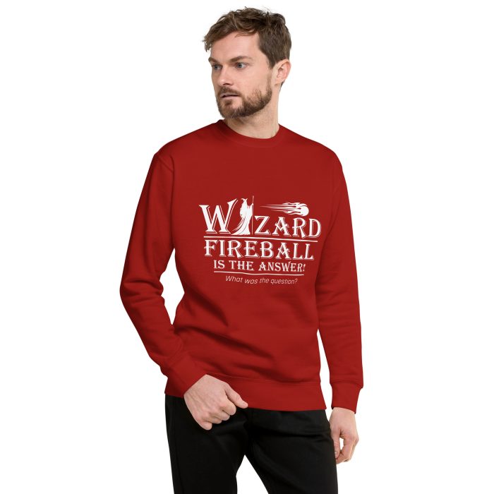 unisex-premium-sweatshirt-cardinal-front-6973f75a878b4 wizard sweatshirt, worn by man - cardinal