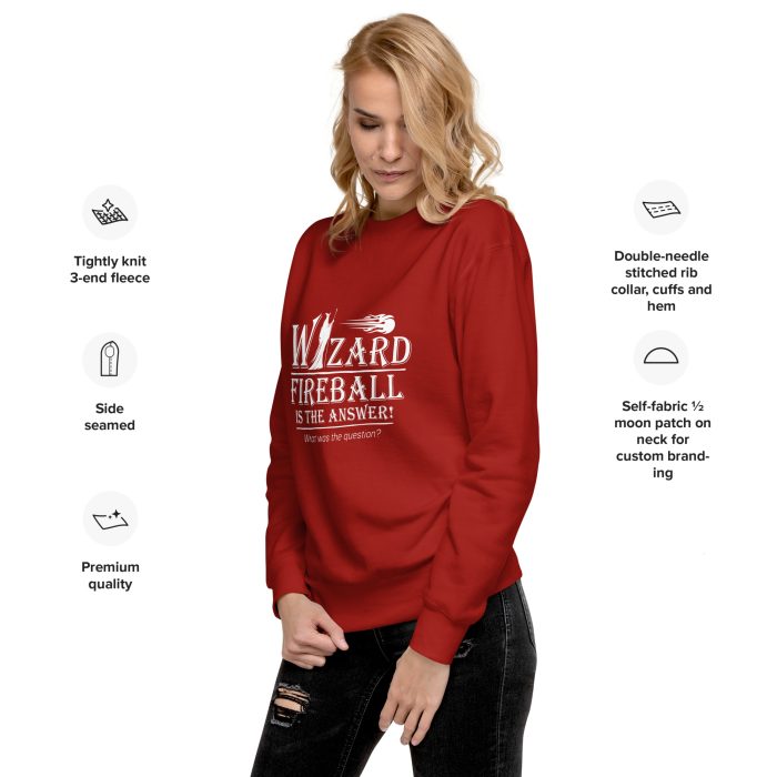 unisex-premium-sweatshirt-cardinal-left-front-6973f75dc72ac wizard sweatshirt, worn by woman - cardinal