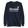 druid sweatshirt, flat lay - navy blazer