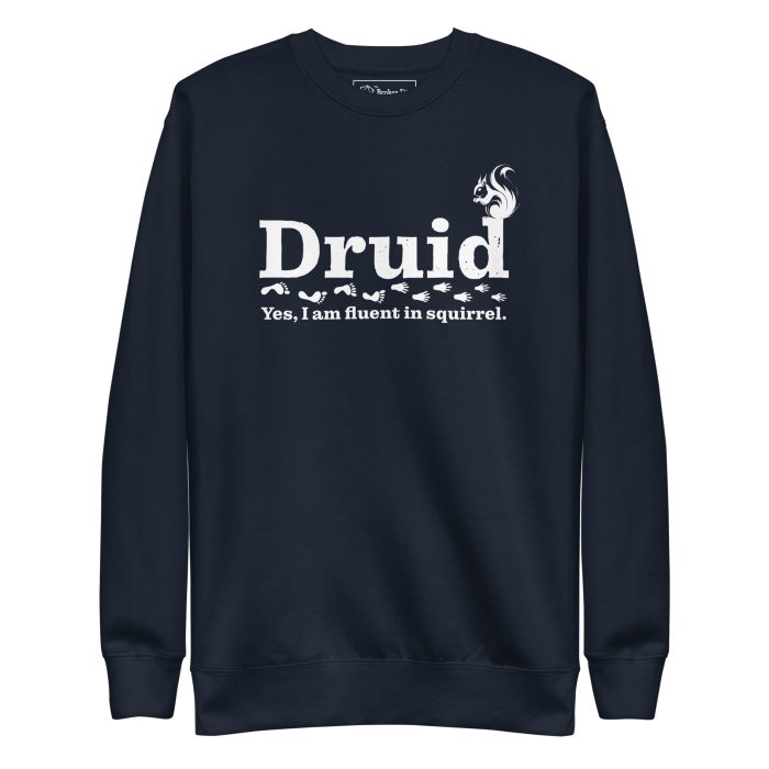 druid sweatshirt, flat lay - navy blazer