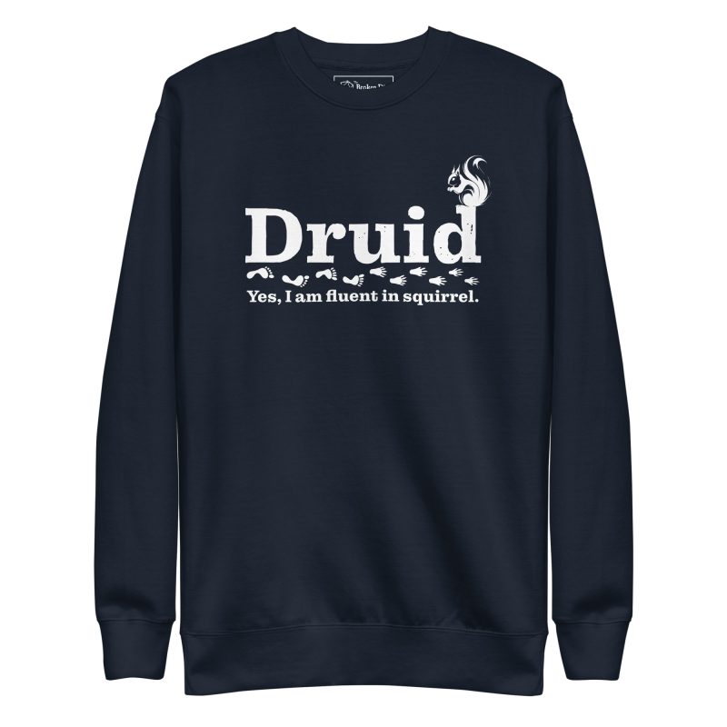druid sweatshirt, flat lay - navy blazer