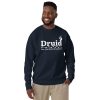 druid sweatshirt, worn by man - navy blazer