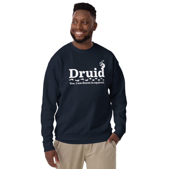 unisex-premium-sweatshirt-navy-blazer-front-69731da797152.jpg druid sweatshirt, worn by man - navy blazer