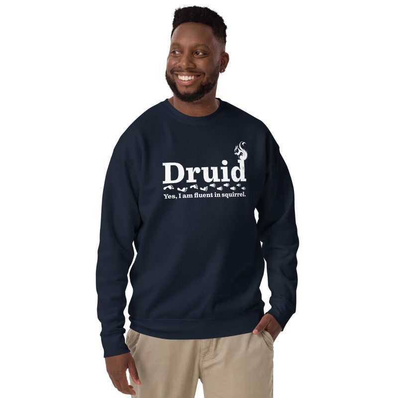 druid sweatshirt, worn by man - navy blazer