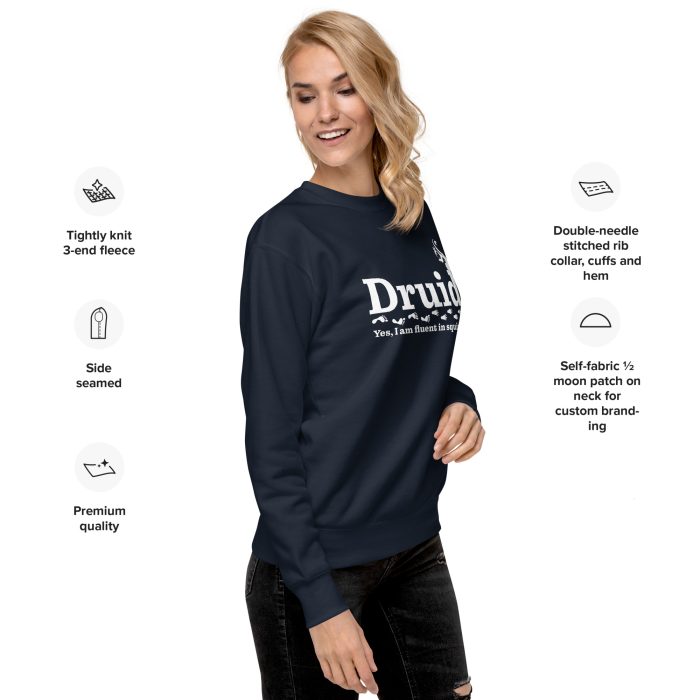 unisex-premium-sweatshirt-navy-blazer-right-front-69731da794073.jpg druid sweatshirt, worn by woman - navy blazer