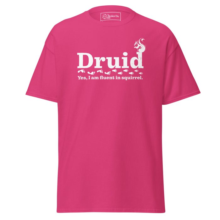 druid dark t-shirt, front - heliconia