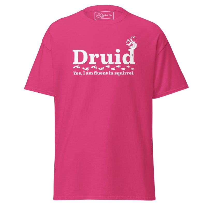druid dark t-shirt, front - heliconia