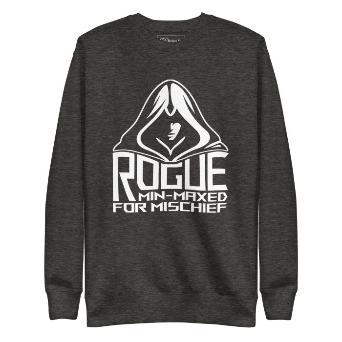rogue min-maxed for mischief sweatshirt, front - charcoal heather