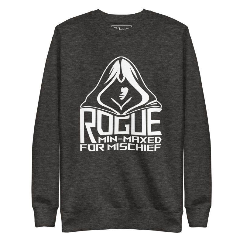rogue min-maxed for mischief sweatshirt, front - charcoal heather