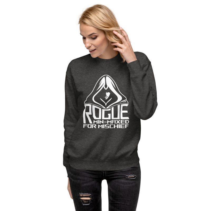 rogue min-maxed for mischief sweatshirt, front 2 - charcoal heather