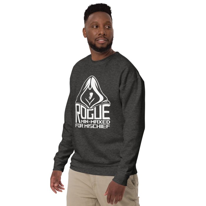 unisex-premium-sweatshirt-charcoal-heather-left-front-697bc1dec018f.jpg rogue min-maxed for mischief sweatshirt, front 3 - charcoal heather