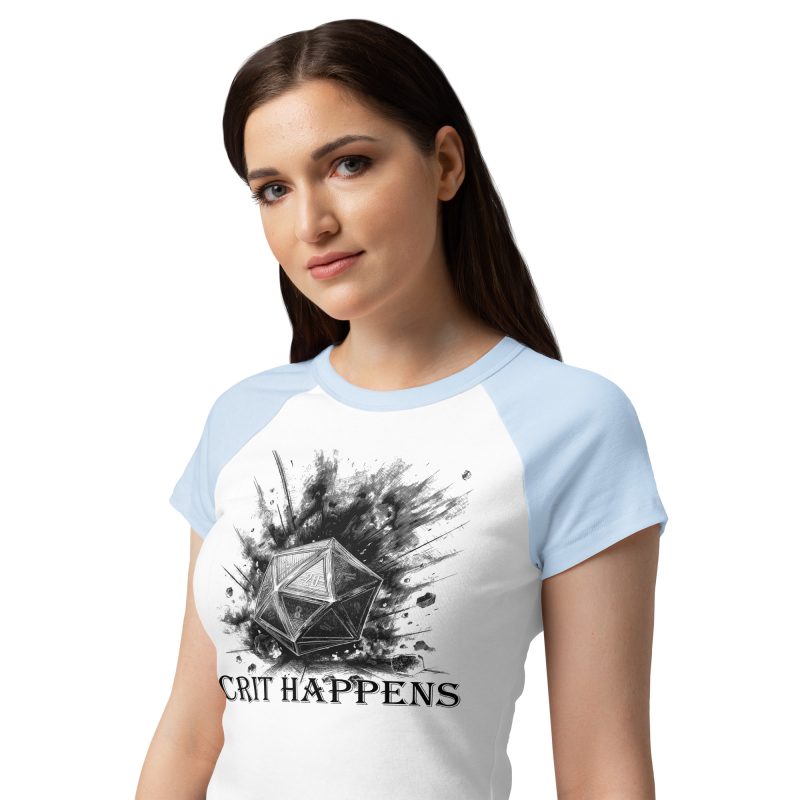 crit happens women's micro rib raglan baby tee, model - white baby blue